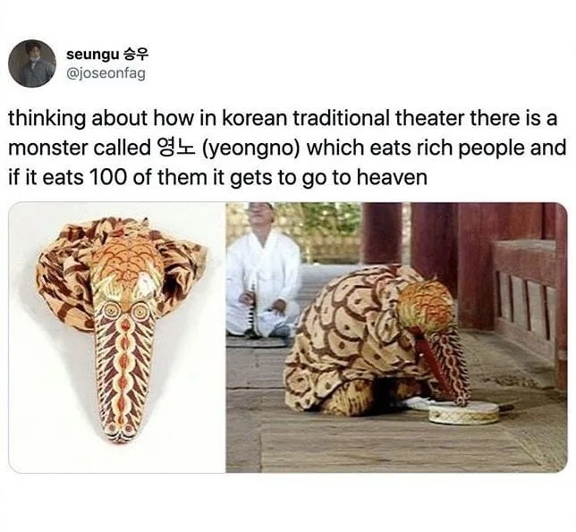 The image displays two side-by-side photos: on the left, a close-up of a traditional Korean theater monster mask called…