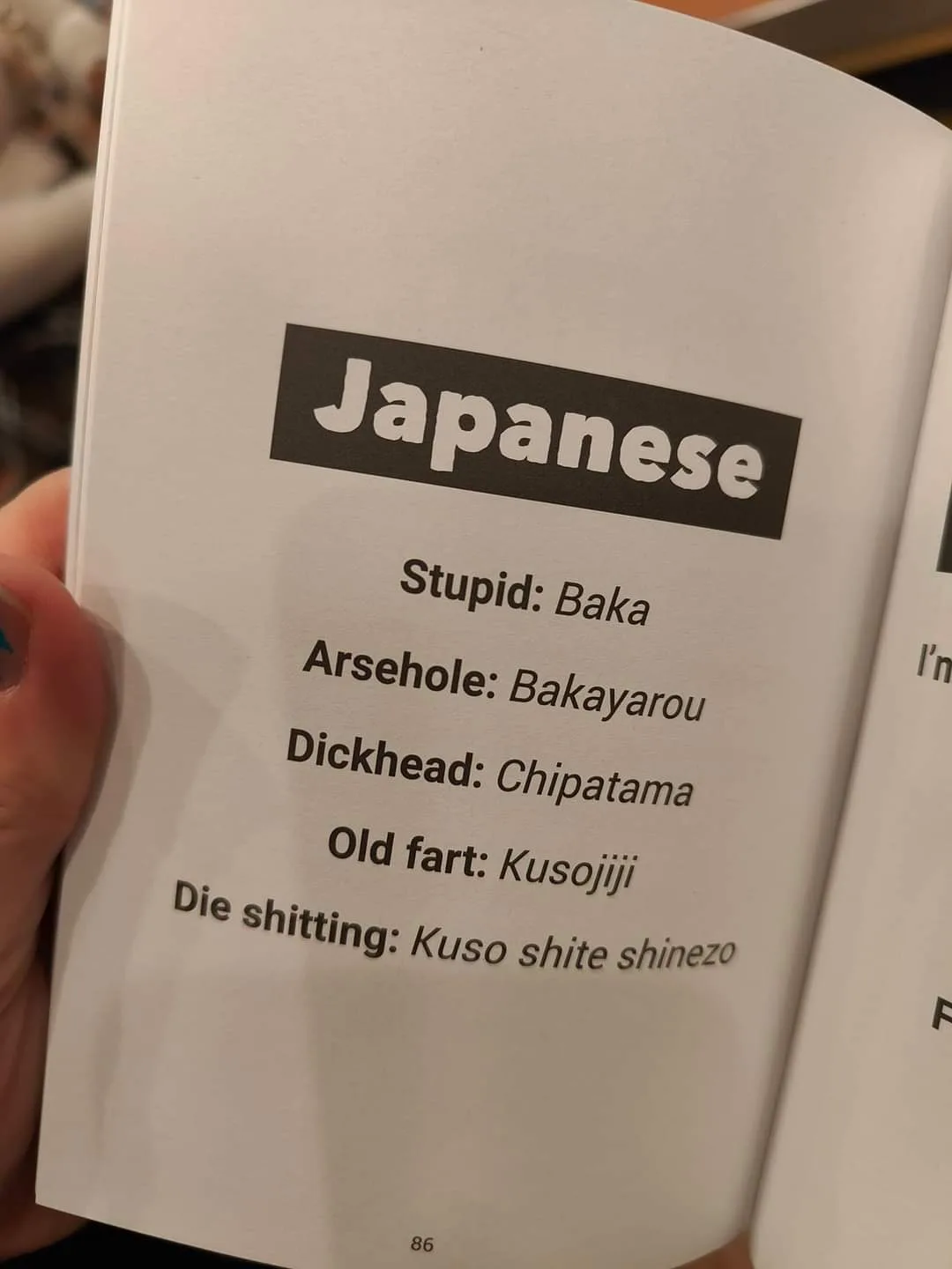 A close-up photo shows a hand holding an open book, displaying page 86 with a 'Japanese' section listing English slang terms…