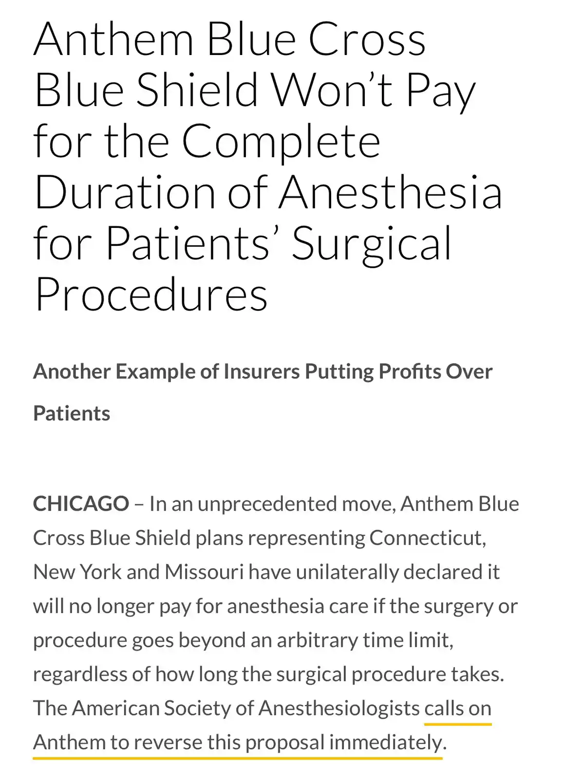 The image displays a mock news article with bold black text on a white background. The headline reads 'Anthem Blue Cross…
