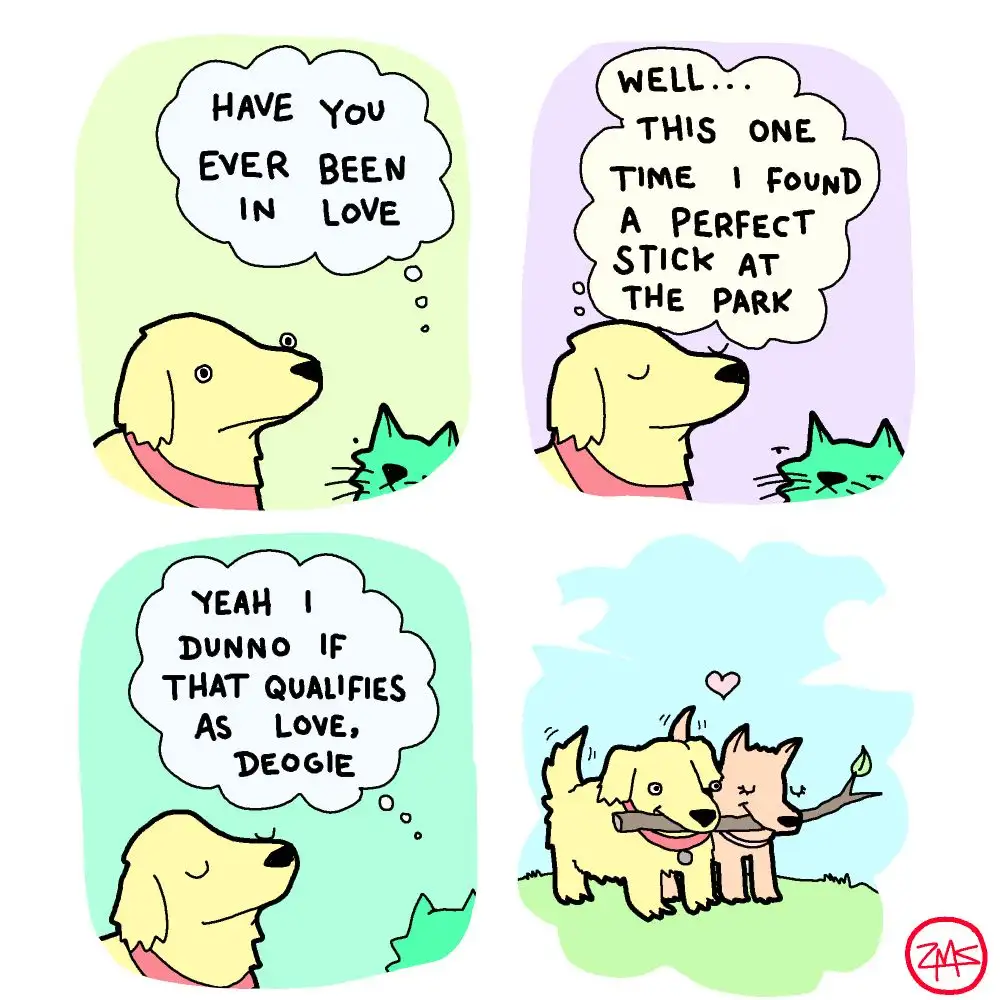 A four-panel comic strip featuring a yellow dog and a green cat. The dog asks if the cat has ever been in love, the cat…