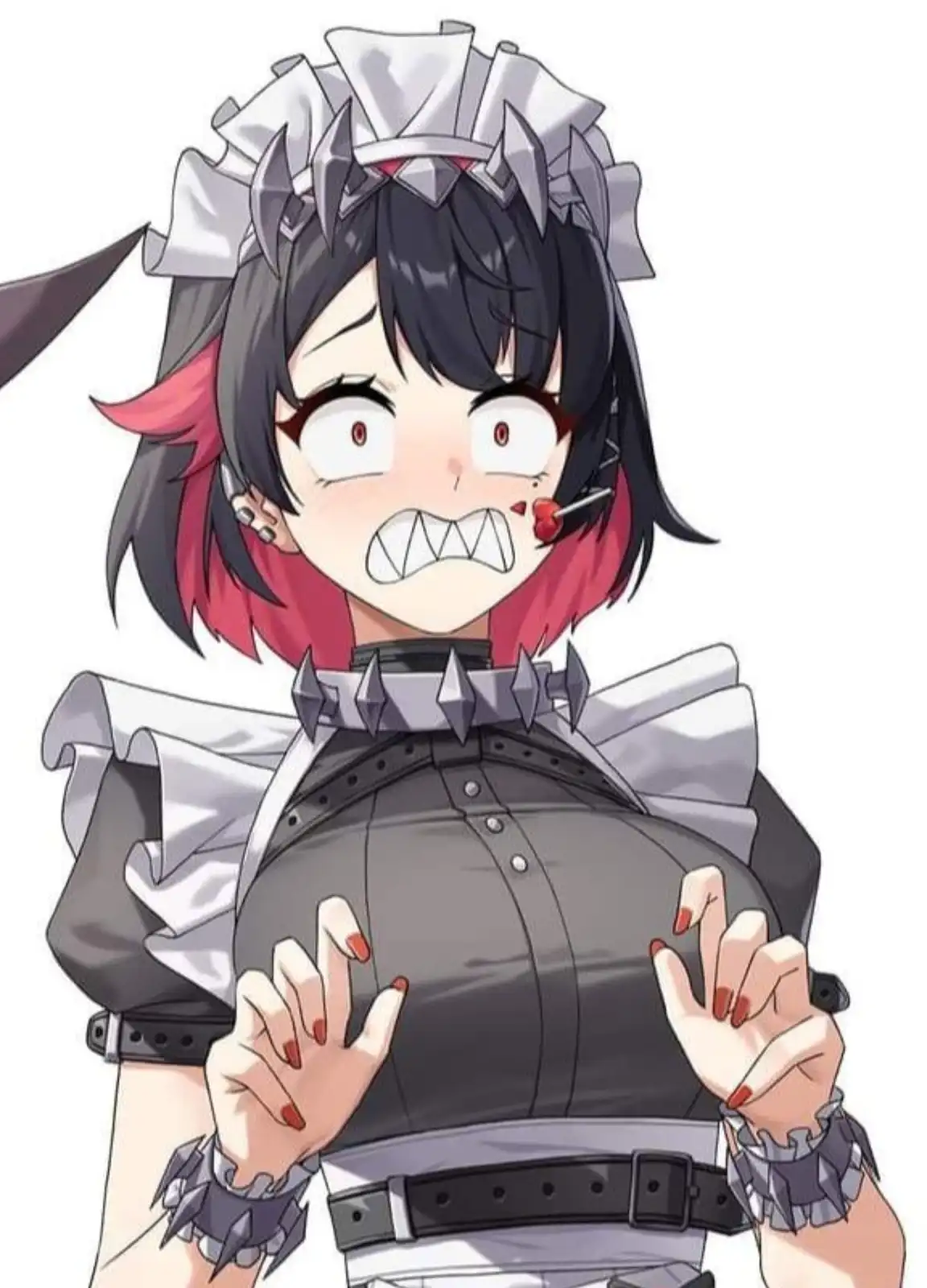 An anime-style girl with black and red hair, wearing a spiked maid outfit with a large white bow, has a furious expression…