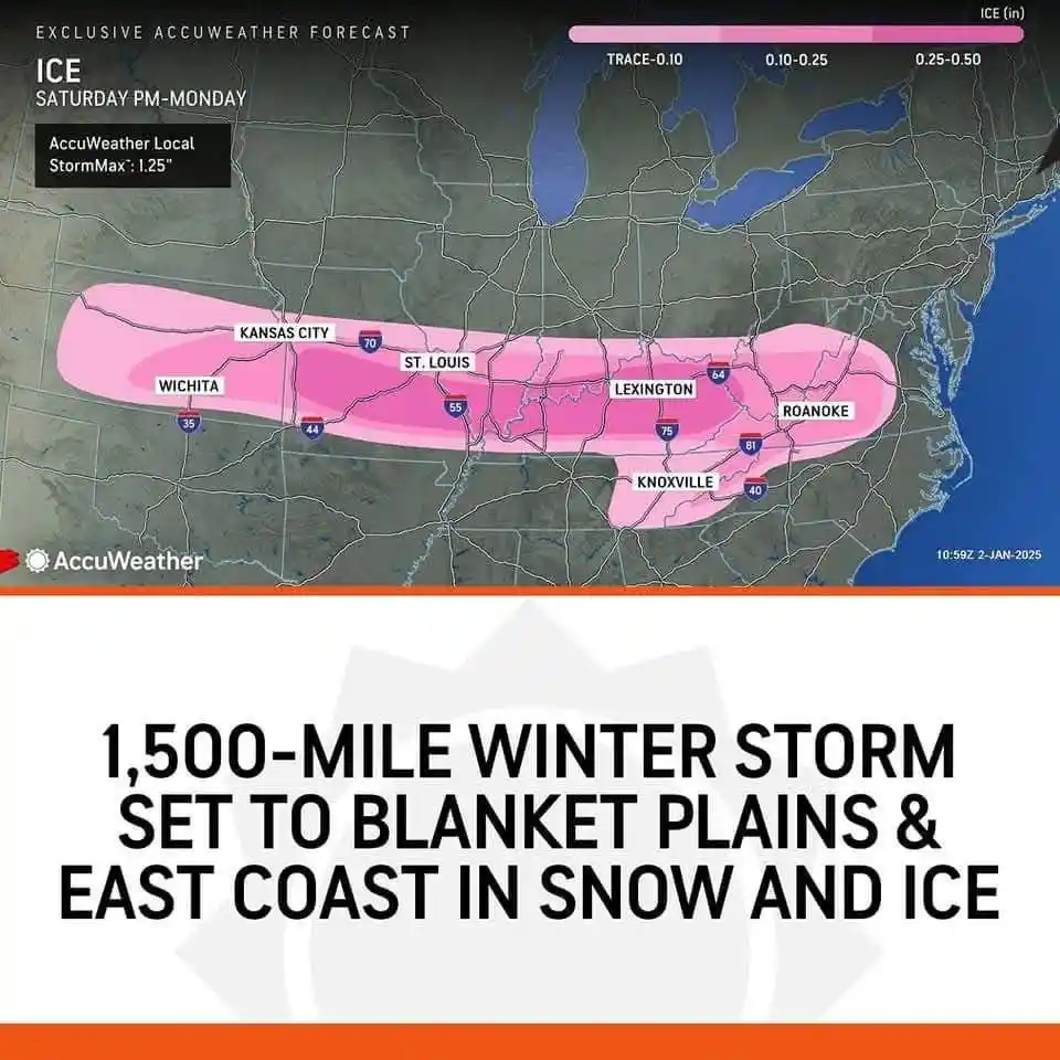 An AccuWeather ice forecast map shows a pink shaded area covering cities like Kansas City, St. Louis, Lexington, Roanoke…