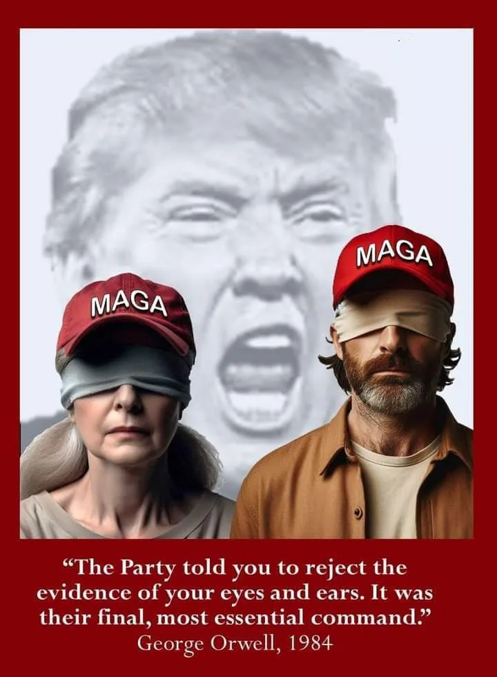 A grayscale image of Donald Trump's angry face looms in the background. In the foreground, a man and a woman both wear red…