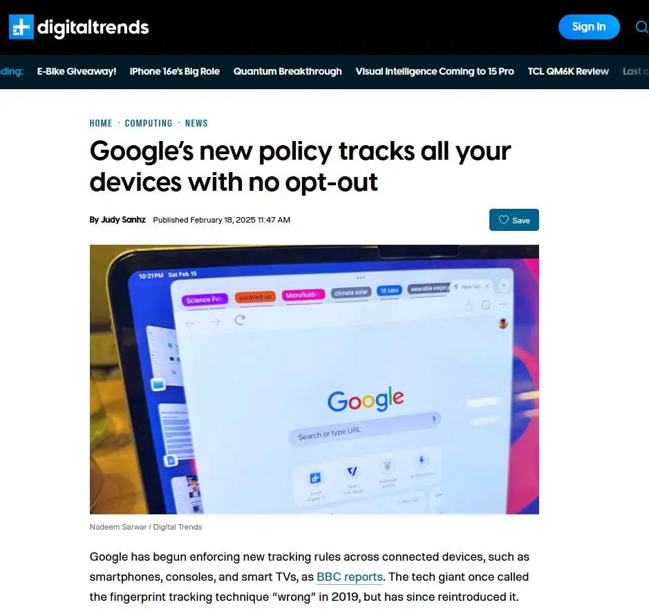 A screenshot of a Digital Trends news article headline reading 'Google's new policy tracks all your devices with no opt-out'…