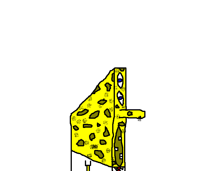 A crudely drawn, yellow, porous cartoon character resembling SpongeBob SquarePants is shown standing upright with a simple…