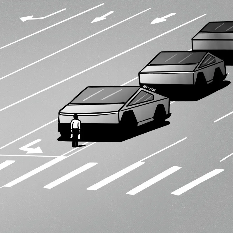 A black-and-white illustration shows a small human figure standing in the middle of a multi-lane road, facing a line of…