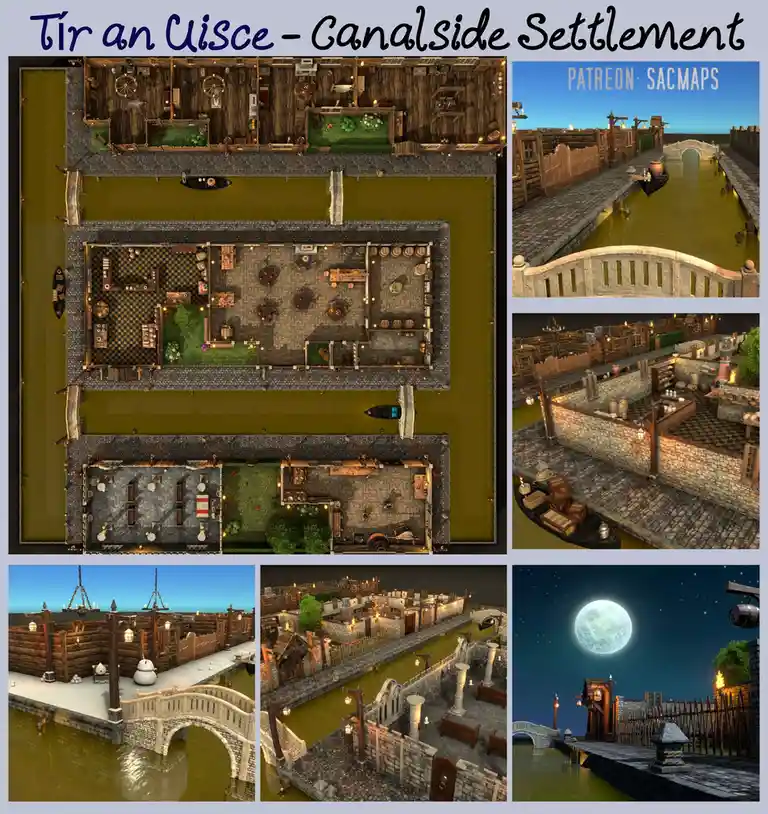 A collage of six images showcasing a fantasy canalside settlement named 'Tir an Uisce'. The main image is a top-down map…