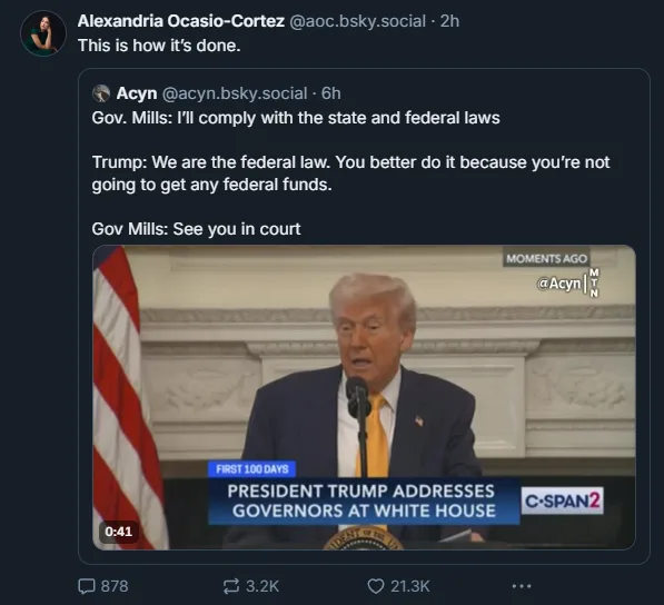 A screenshot of a Twitter post by Alexandria Ocasio-Cortez reposting a clip of Donald Trump speaking at the White House. The…