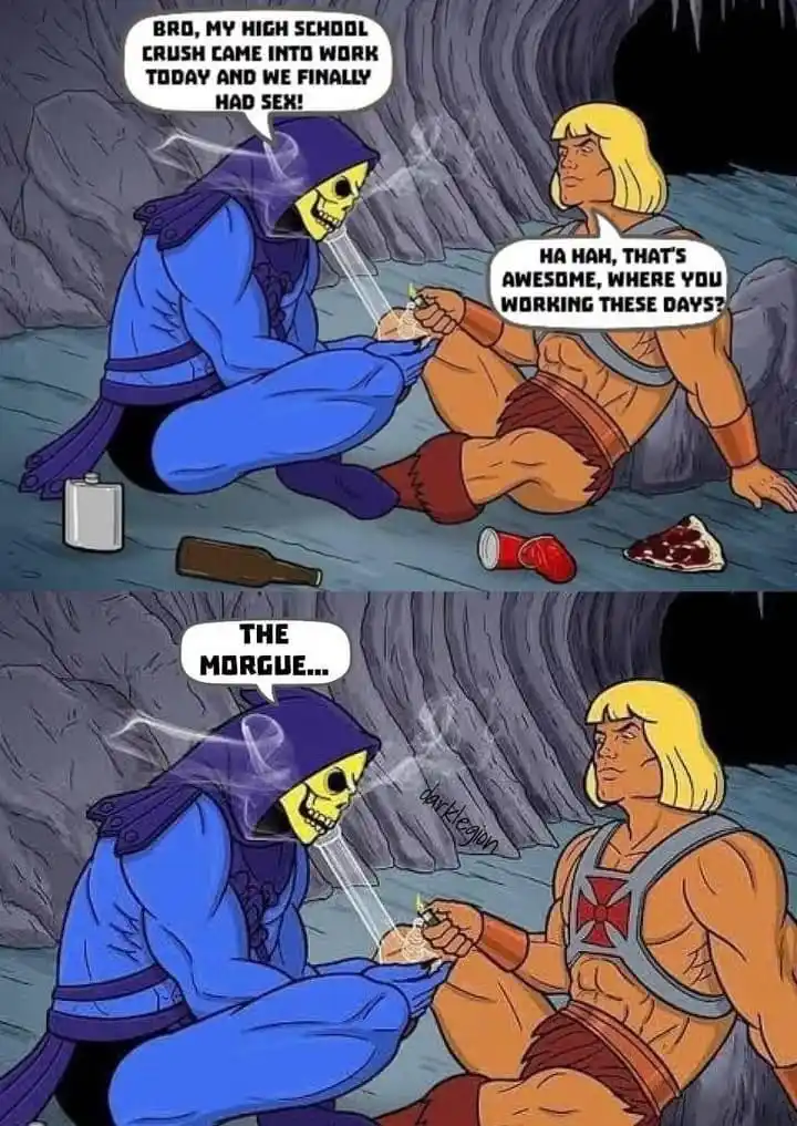 Two cartoon characters, Skeletor and He-Man, are sitting in a cave. Skeletor, in his blue hooded outfit, tells He-Man he had…