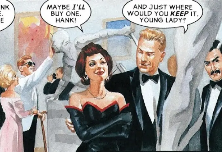 A vintage comic book panel depicts a glamorous woman in a black dress smiling as she says, 'MAYBE I'LL BUY ONE, HANK!' while…