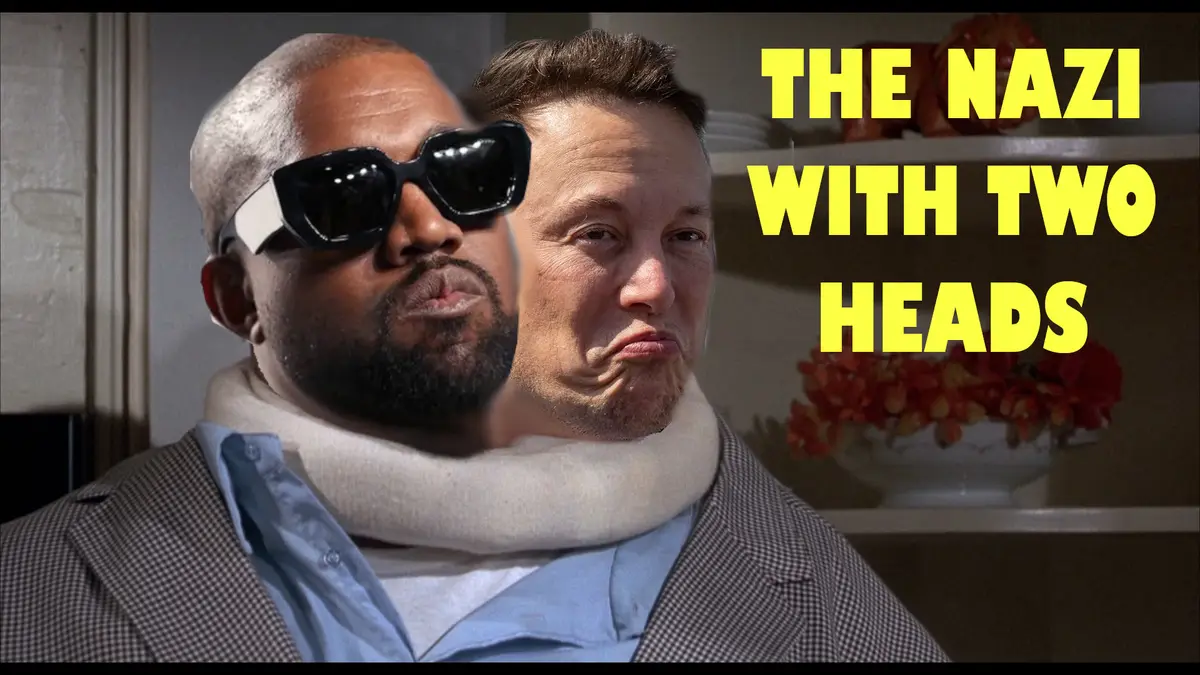 The image shows two men, Kanye West wearing large black sunglasses and a checkered jacket, and Elon Musk with a pouty…