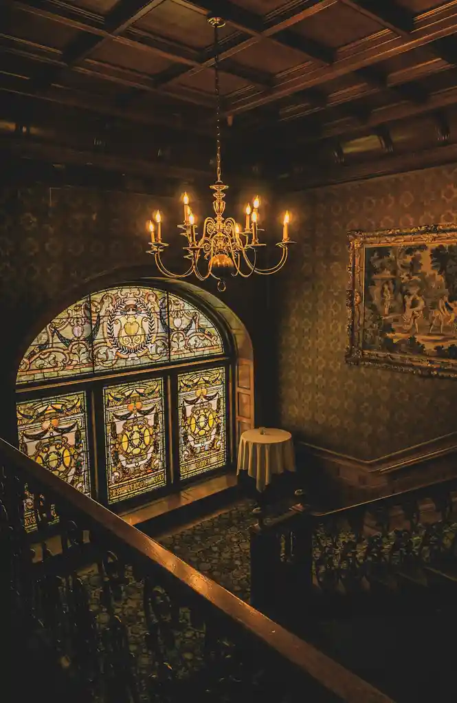 An ornate, dimly lit interior hallway features a grand stained-glass window, a chandelier, patterned wallpaper, and a small…