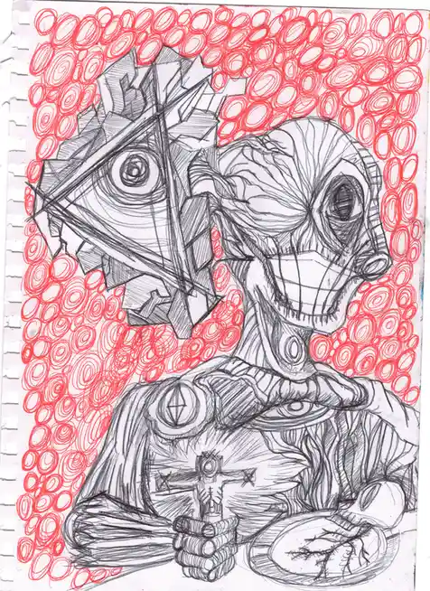 A hand-drawn sketch depicts a grotesque, skeletal figure with a wide, toothy grin and a crown of jagged, geometric shapes…