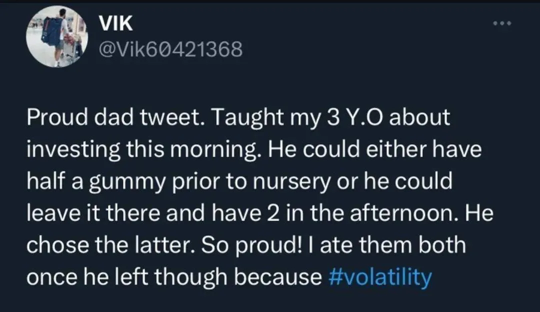 A screenshot of a tweet from user VIK (@Vik60421368) showing a proud dad's joke about teaching his 3-year-old son basic…