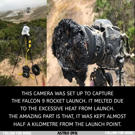 The image is a split-screen: left side shows a camera on a tripod set up in a desert-like landscape near a launch site…