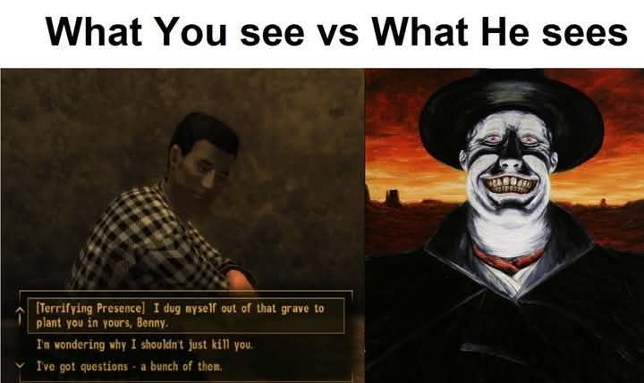 The image is split into two panels. Left: A character from a video game, looking calm, with dialogue text reading…