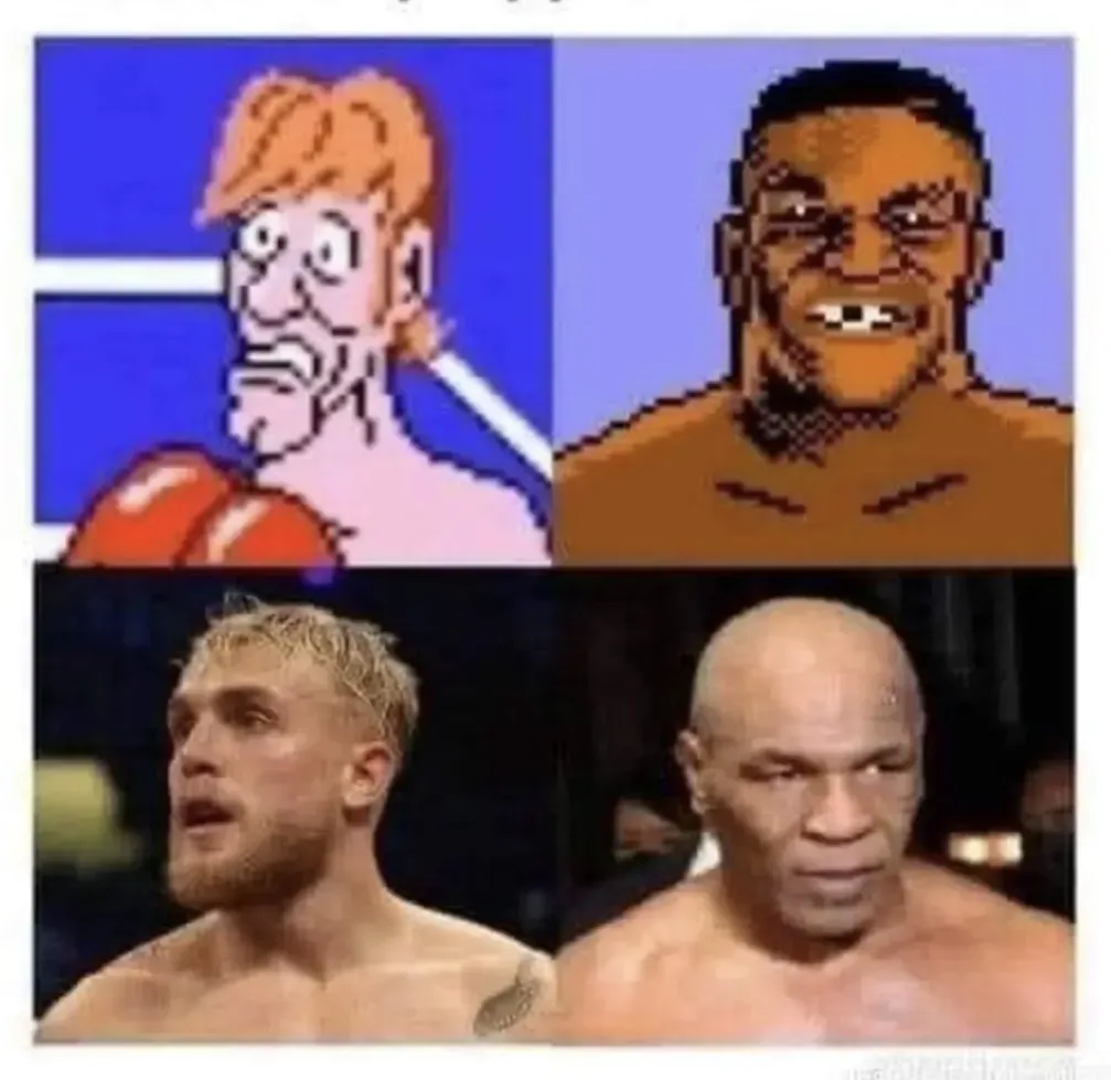 The image is a four-panel meme comparing pixelated video game characters to real-life boxers. Top left shows a…