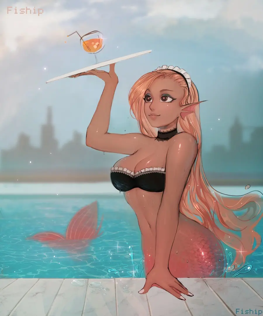 a digitally illustrated mermaid with long blonde hair and pointed ears, wearing a black bikini top with lace trim, stands in…