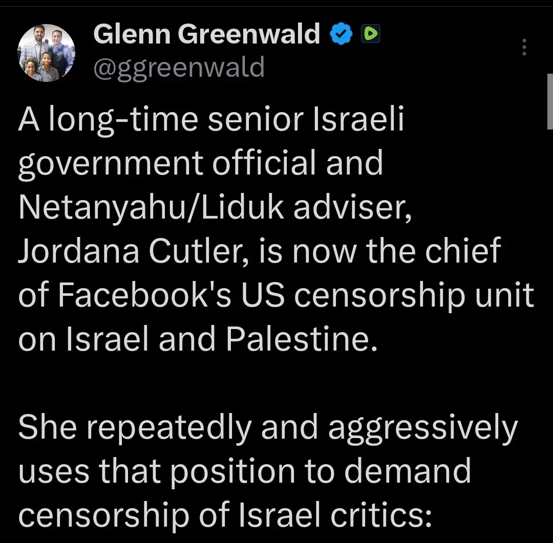 A screenshot of a tweet by Glenn Greenwald (@gggreenwald) with a black background and white text. The tweet states that…