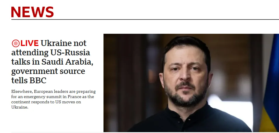 A news article screenshot shows a headline about Ukraine skipping US-Russia talks in Saudi Arabia, alongside a photo of…