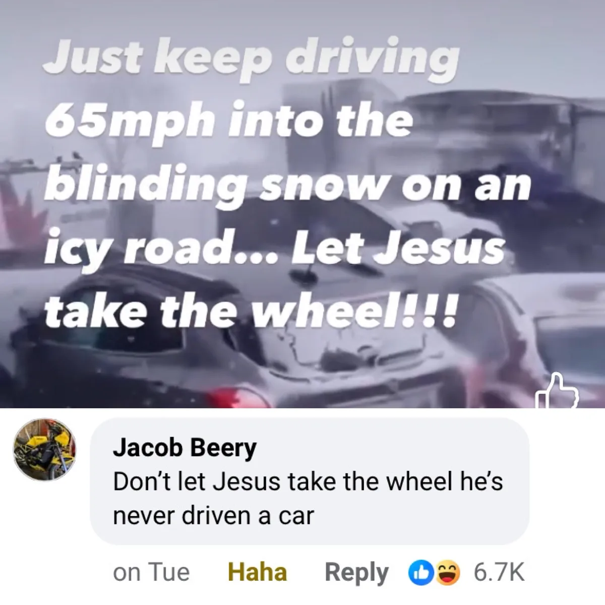 A screenshot of a Facebook post showing a snowy, blurry car accident scene with overlaid text. The post's caption reads…