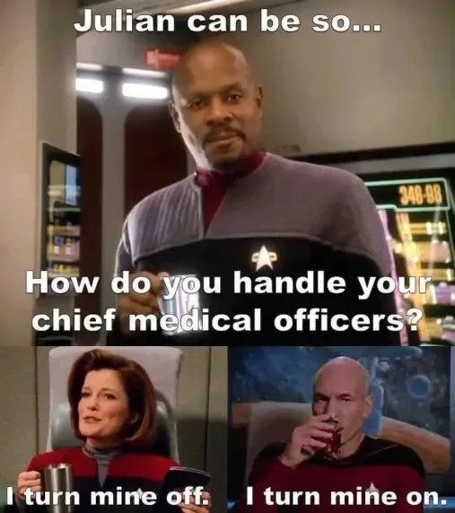 The image is a three-panel meme from Star Trek: The Next Generation. The top panel shows Julian Bashir in a Starfleet…