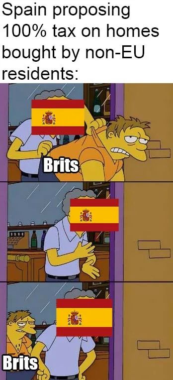 A three-panel meme featuring Homer Simpson being physically pushed out of a bar by a man with a Spanish flag over his face…
