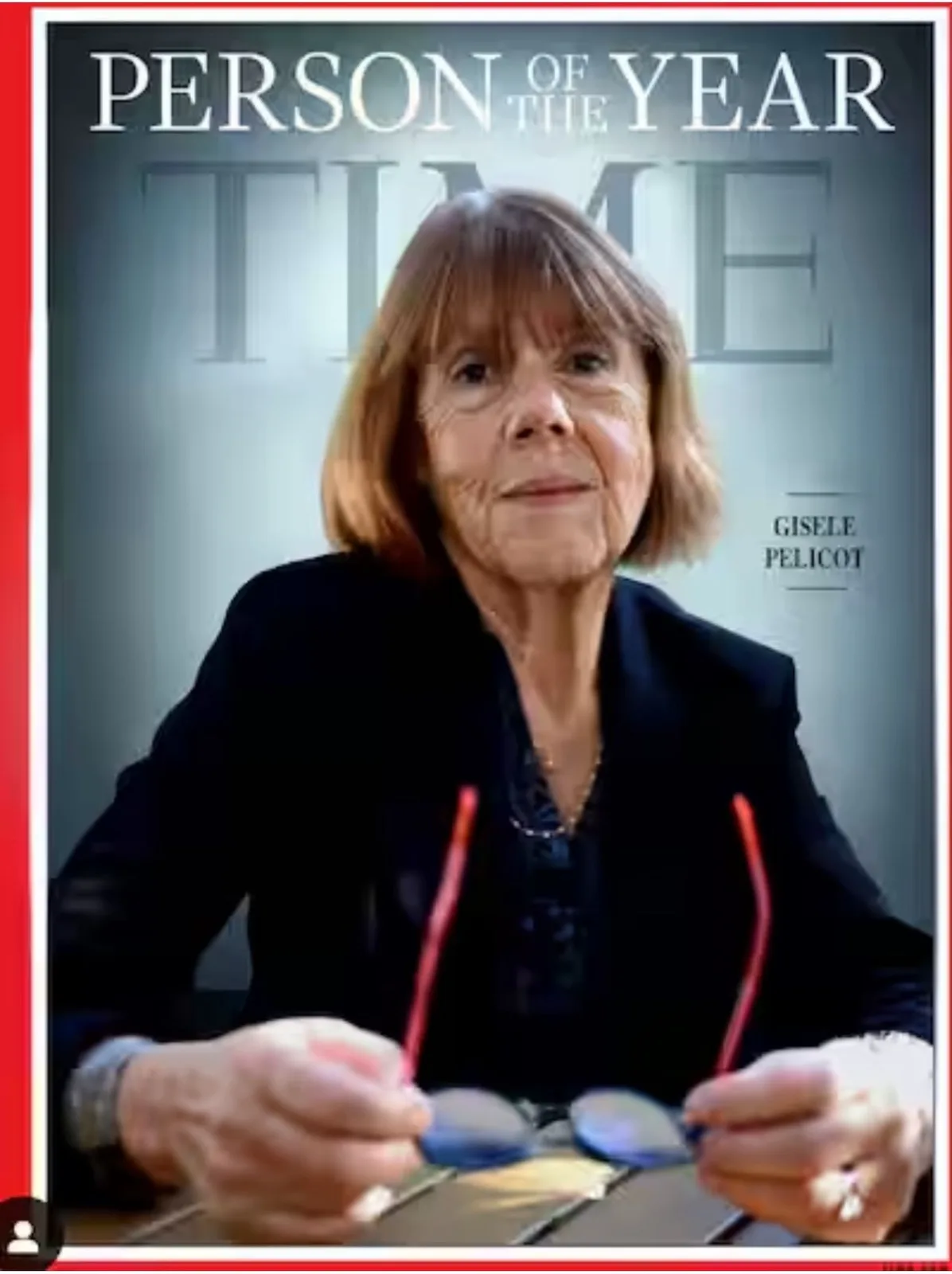 The image shows a digitally altered Time magazine cover featuring an older woman with short brown hair, wearing a black…