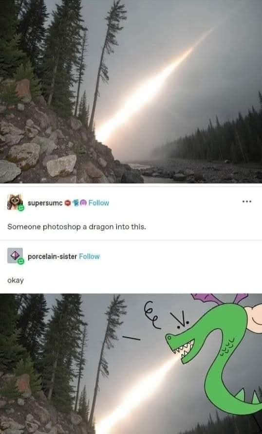 A photo of a bright, diagonal light beam in a forested, rocky landscape is shown. A green cartoon dragon with purple wings…