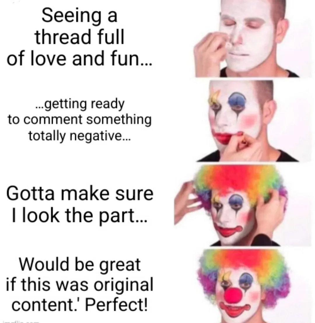 A four-panel image shows a man progressively applying clown makeup: starting with white base, then adding eye makeup and red…