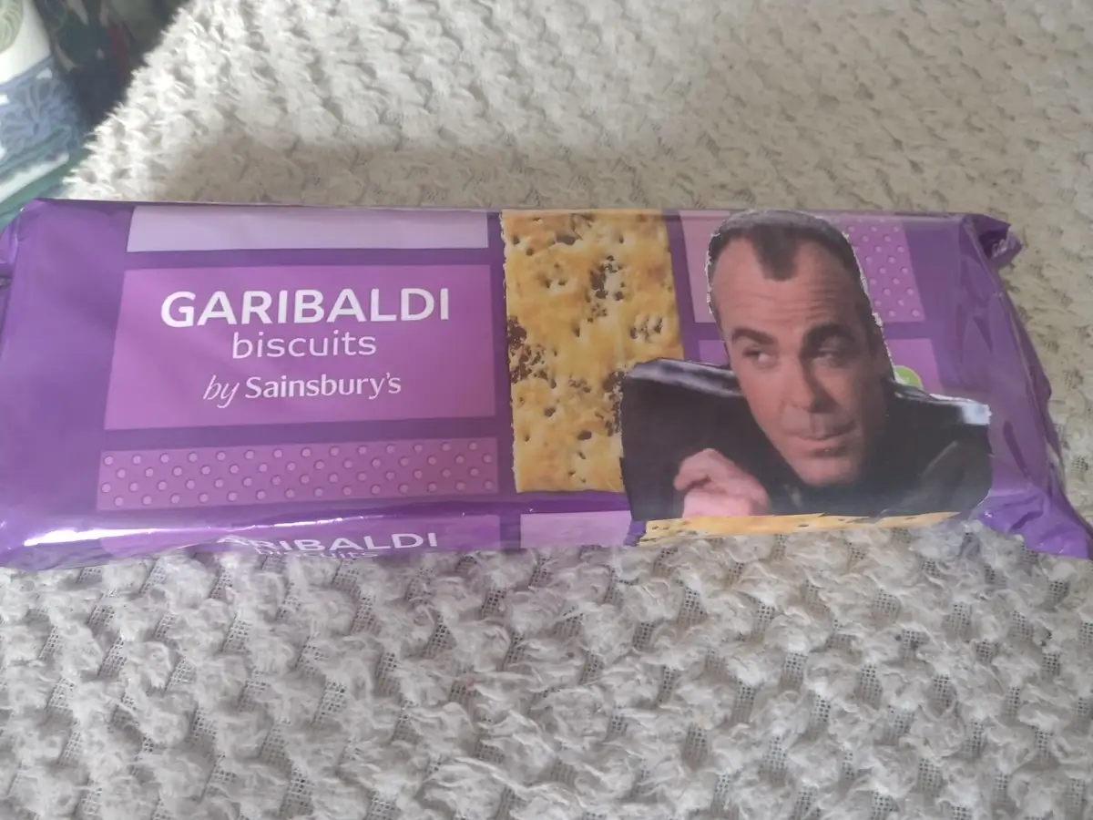 A purple package of Sainsbury's Garibaldi biscuits is shown on a textured white surface. The packaging features an image of…
