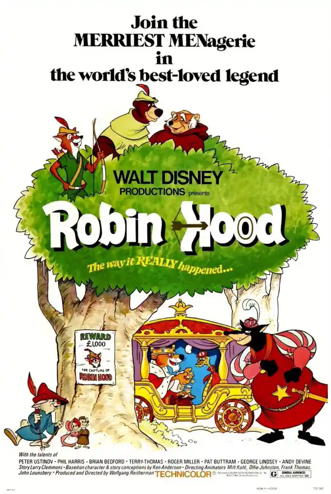 This is a vintage Walt Disney movie poster for 'Robin Hood' (1973), featuring cartoon animal characters. At the top, three…