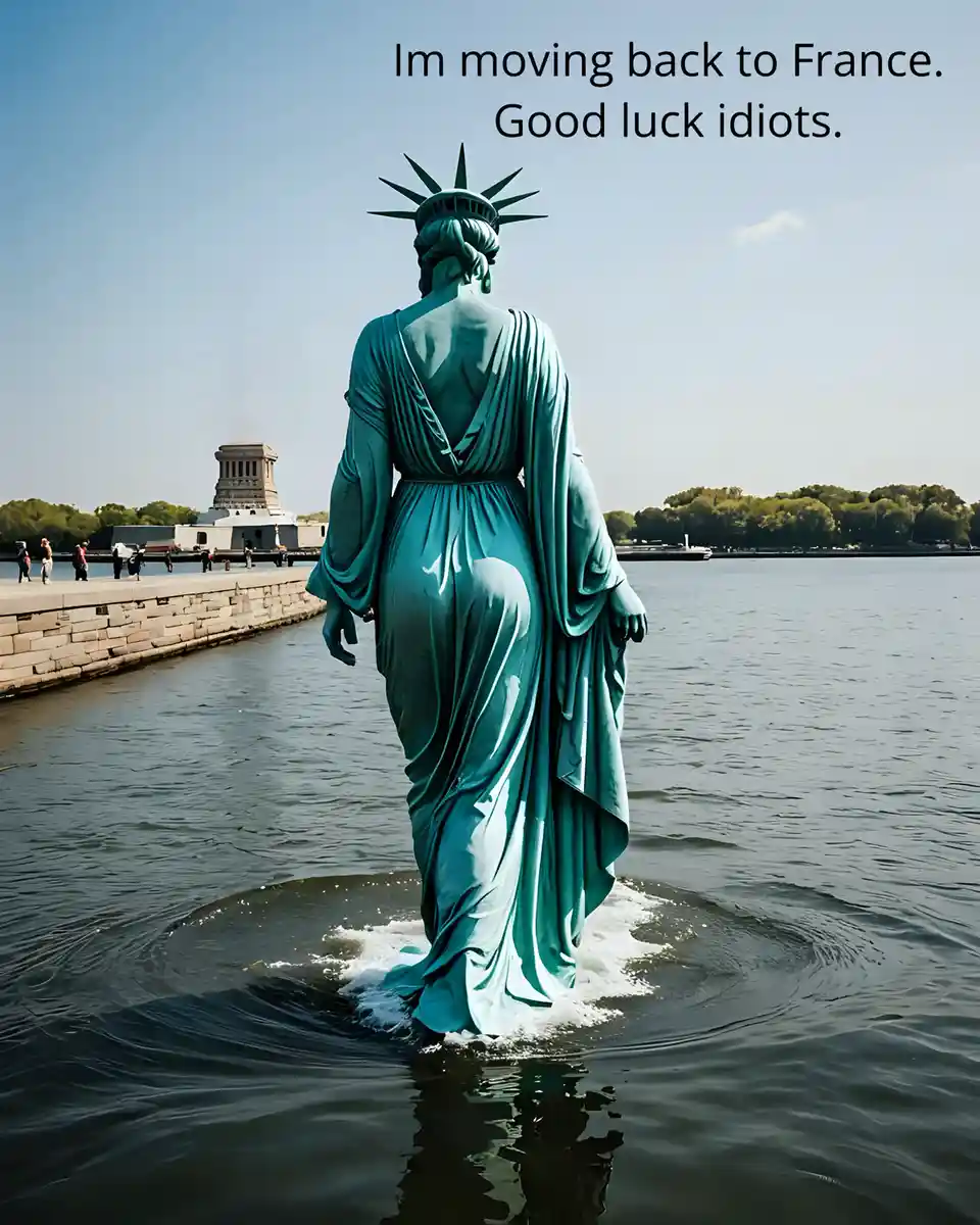 The image shows the Statue of Liberty from behind, standing in water with its base submerged, appearing to be leaving the…