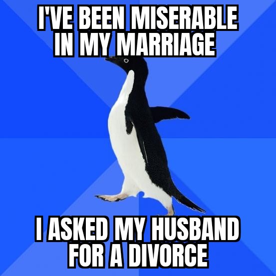 A black-and-white penguin stands against a blue background with diagonal stripes. The text above the penguin reads 'I'VE…