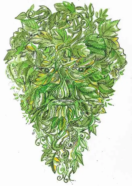 A detailed illustration of a stylized human face composed entirely of green leaves, vines, and foliage, with visible eyes…