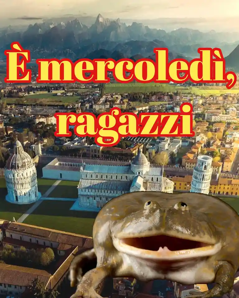 An aerial view of Pisa, Italy, featuring the Leaning Tower and other historic buildings, with a large, wide-mouthed frog…