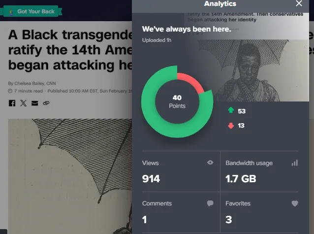 A screenshot of a news article about a Black transgender woman is overlaid with a YouTube analytics pop-up showing 40…