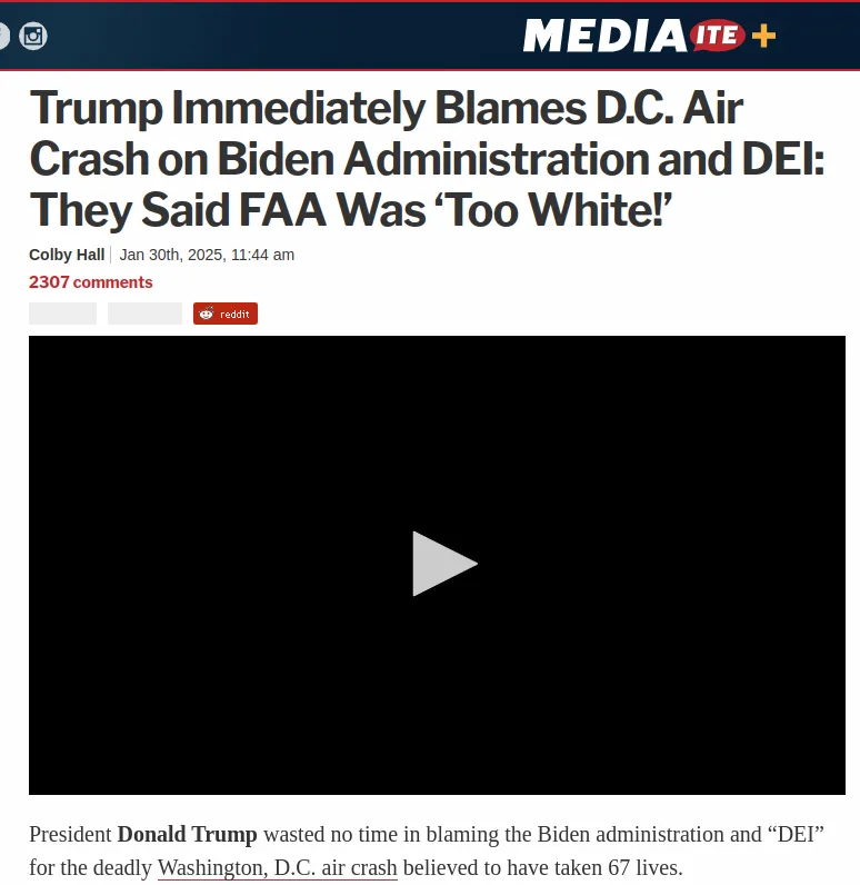 A screenshot of a news article from 'MEDIA ITE+' with a headline claiming Trump blamed a D.C. air crash on Biden's…