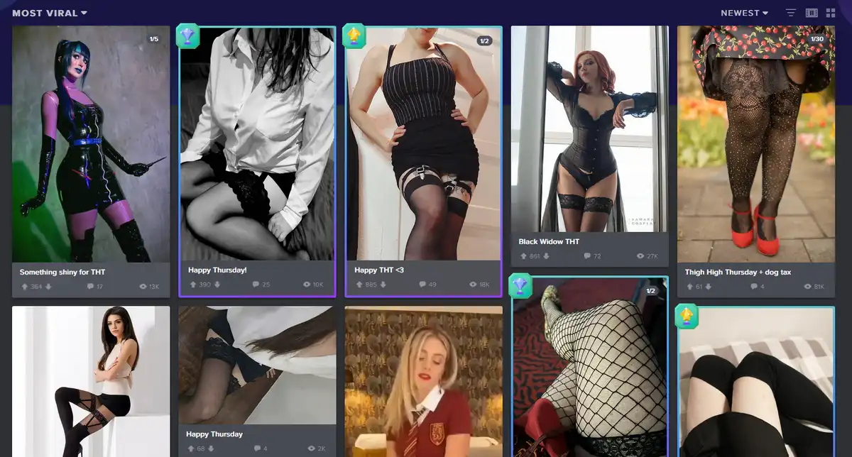 A grid of images showing various women in lingerie, stockings, and themed outfits, with overlaid text like 'Happy…