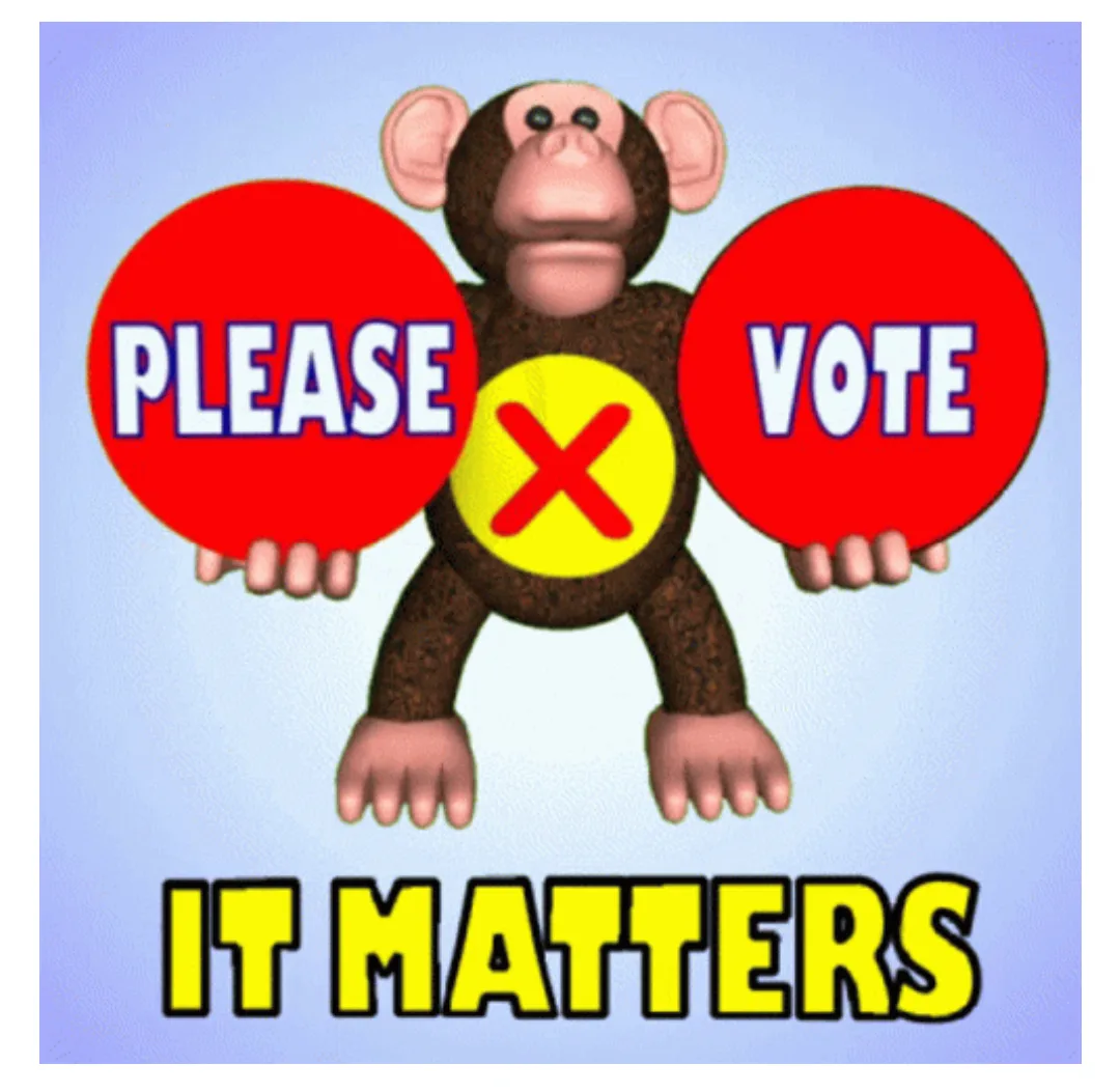 A cartoon monkey holds two red circular signs, one reading 'PLEASE' and the other 'VOTE', with a yellow circle containing a…