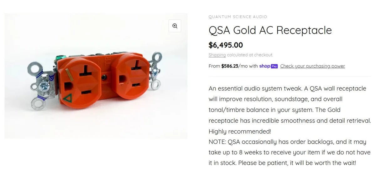 An image of a standard orange electrical outlet with metal mounting hardware is displayed next to text claiming it's a 'QSA…