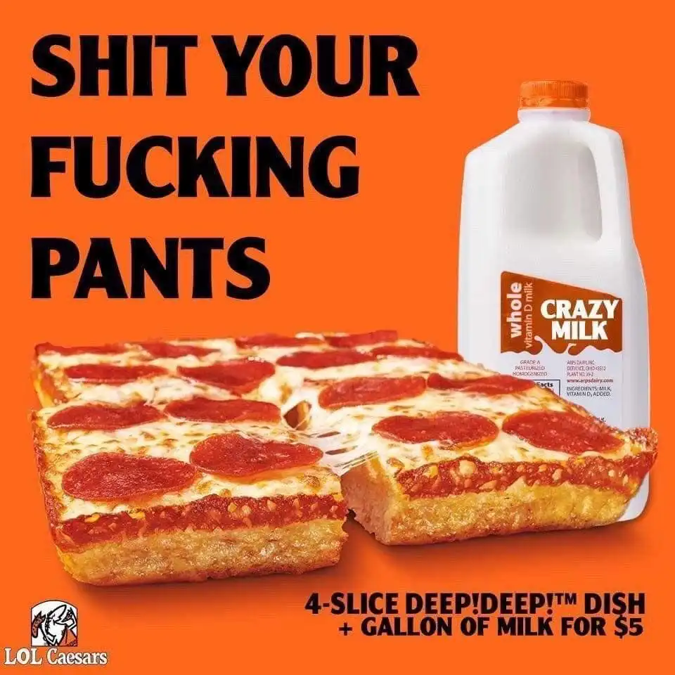 An advertisement-style image with an orange background shows a large, thick-cut pepperoni pizza with a deep-dish crust and a…