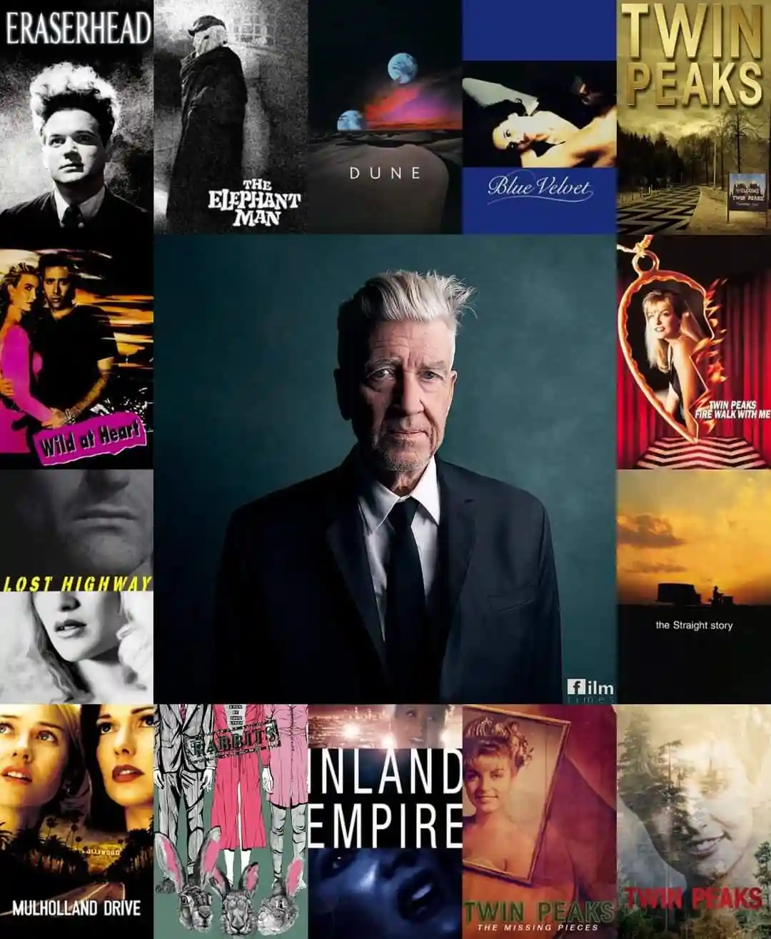 A collage of movie posters surrounding a central portrait of David Lynch, including Eraserhead, The Elephant Man, Dune, Blue…