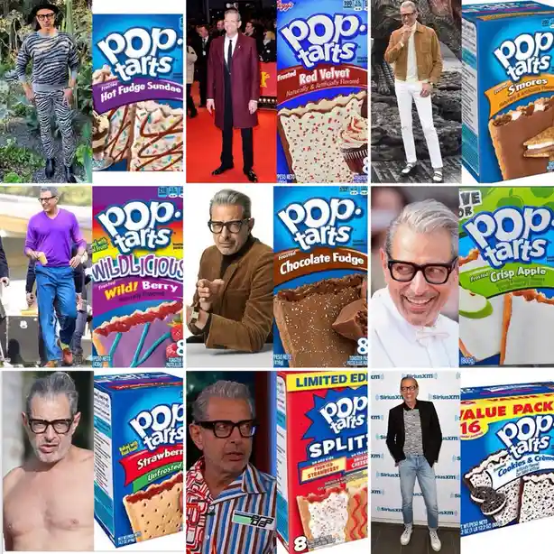 A collage of nine images showing actor Jeff Goldblum in various outfits and expressions, paired with images of different…
