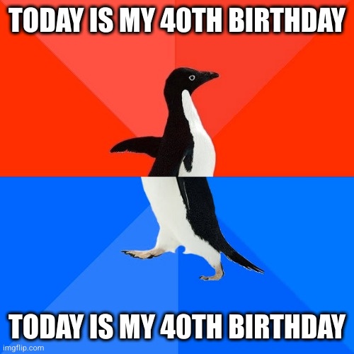 A penguin stands in a split-screen image with a red top half and blue bottom half. The same bold white text reading 'TODAY…