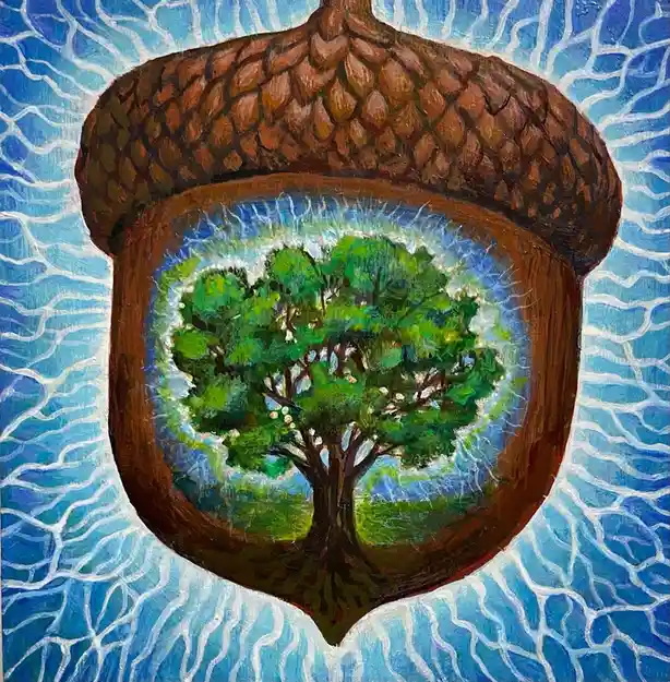 A painted artwork depicts a large acorn with a detailed brown cap and shell, inside which a full-grown green tree with roots…