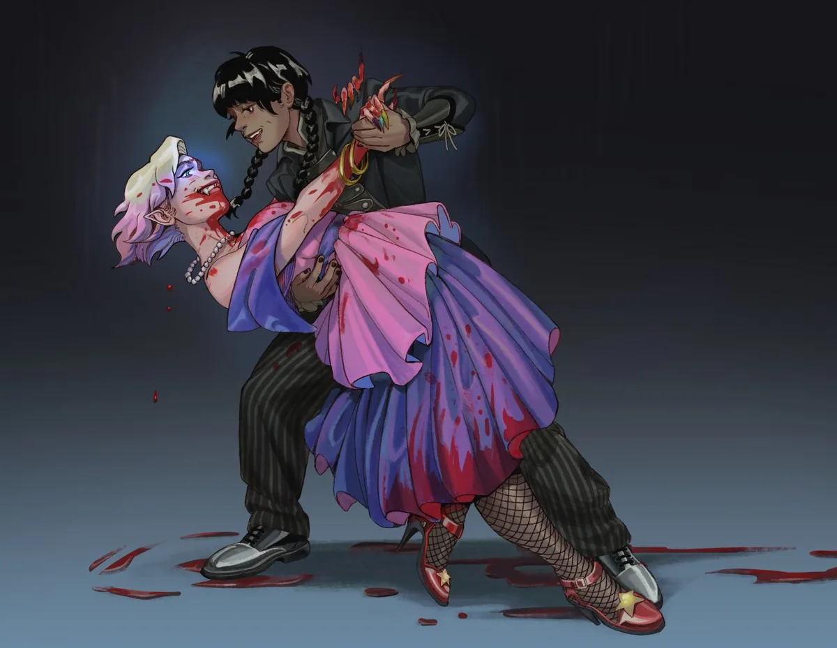 An anime-style illustration shows a man with braided black hair and a woman with purple hair and pointed ears dancing in a…