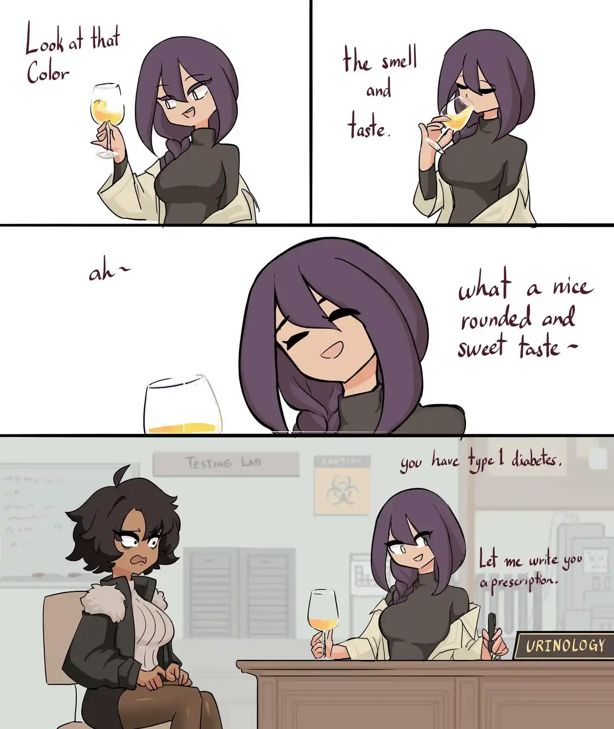 A four-panel comic shows a woman tasting wine, praising its color, smell, and sweet taste. The final panel reveals she's in…