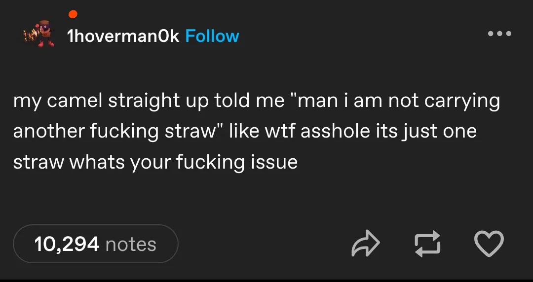 A screenshot of a Tumblr post by user '1hovermanOk' showing a dark-themed interface with white text. The post reads: 'my…