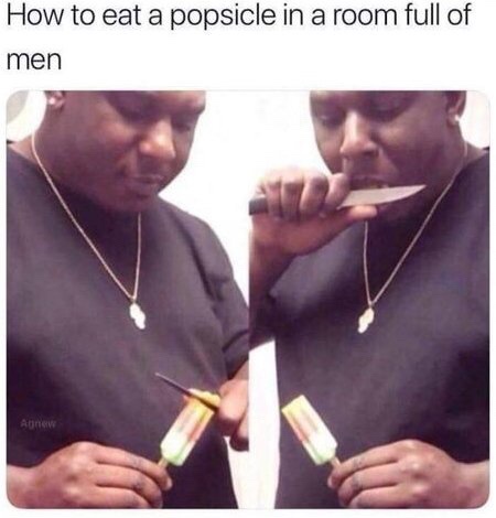 A man in a black shirt and gold chain holds a popsicle in one hand and a knife in the other. In the left panel, he uses the…